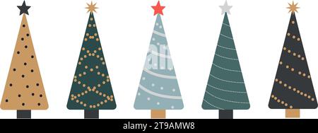 Set of winter colorful Christmas trees with decorations. Will do for printed leaflets, banners, scrapbooking, posters. Vector illustration Stock Vector
