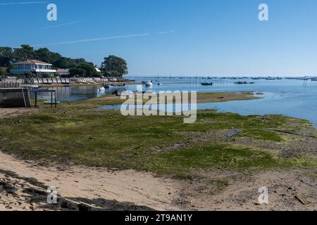 Beach houses in Arcachon Bay with many fisherman's boats and oysters farms, Cap Ferret peninsula, France, southwest of Bordeaux along France's Atlanti Stock Photo