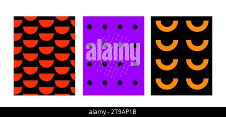 Brutalist posters set with seamless patterns of abstract geometric shapes. Brutal contemporary figure star oval spiral wave and other primitive elemen Stock Vector