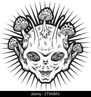 Mind warp mushrooms psychedelic alien head silhouette vector illustrations for your work logo, merchandise t-shirt, stickers and label designs, poster Stock Vector