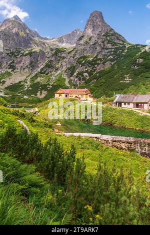 Chata pri Zelenom plese with peaks above in High Tatras mountains in Slovakia during beautiful summer morning Stock Photo