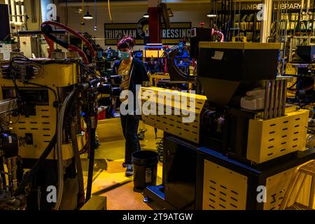 Production site of the record label Third Man Records / Third Man Pressing in Detroit, United States. Third Man Pressing's vinyl manufacturing plant is located in Detroit's Cass Corridor.. Vinyl pressing production facility of the record label Third Man Records / Third Man Pressing Stock Photo