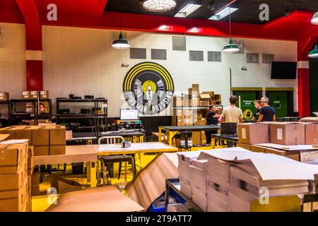 Production site of the record label Third Man Records / Third Man Pressing in Detroit, United States. After the discs have been pressed, the order is packaged. Third Man Pressing's vinyl manufacturing plant is located in Detroit's Cass Corridor. Stock Photo