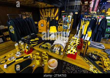 The brand colours of Third Man Records: yellow and black, vintage, rock 'n' roll. Merchandising items in the Third Man Records salesroom.  Detroit, United States. Third Man Pressing's vinyl manufacturing plant is located in Detroit's Cass Corridor. Stock Photo
