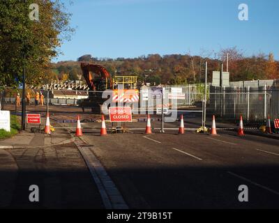 Road closure during operations to remove old Windsor Bridge over the river Avon, Bath, Somerset. November 2023. Stock Photo