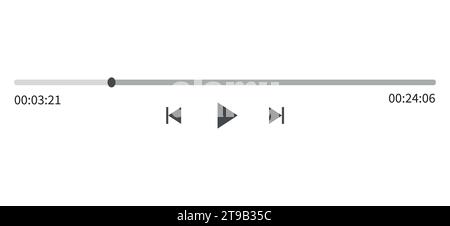 Video, music play bar display interface. Audio player progress for podcast, misic, radio playlist. Vector icon slider, play, rewind buttons. Stock Vector