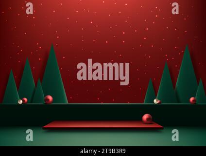 Festive 3D realistic Christmas podium decoration with green triangles pine tree, red, golden shiny balls on a green floor and red wall background with Stock Vector
