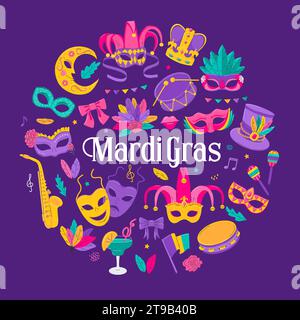 Mardi Gras Carnival design elements. Decoration for carnival, festival, masquerade party. Venetian mask, crown, feathers, flags, musical instruments. Stock Vector