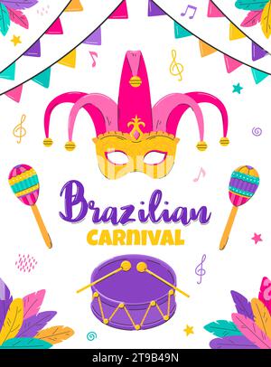 Brazilian carnival poster template. Invitation with Mask. Comedy and tragedy masks, tambourine, flags, balloon. Flat vector illustration on white back Stock Vector