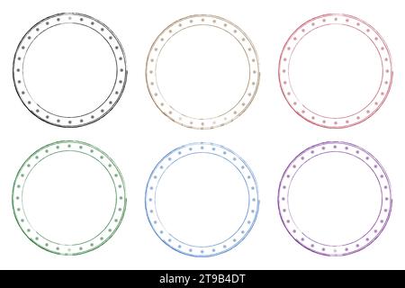 Isolated set of colored stamps with snowflakes around a circle. For Christmas or New Year's greetings. Blank template for your text or logo. Black, go Stock Vector