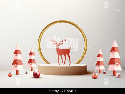 Christmas festive 3D podium decoration with gold circle backdrop and pine tree, red balls, reindeer for product display with snowfall and white floor Stock Vector