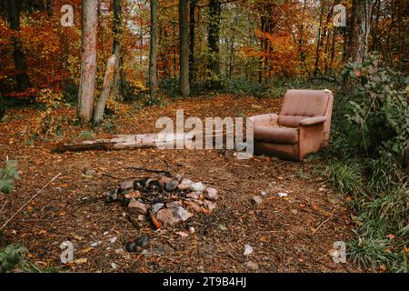 Old brown fabric sofa abandoned in a forest. Fly tipping, ripped and torn material, no people. Stock Photo