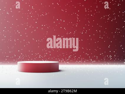 3D festive red podium with snowy background is perfect for showcasing your Christmas and winter products. Ideal for mockups, displays, showrooms, and Stock Vector
