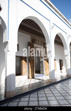 Stunning view of the Bahia Palace during a sunny day. The Bahia Palace in Marrakech is an impressive example of Moroccan architecture and design. Stock Photo