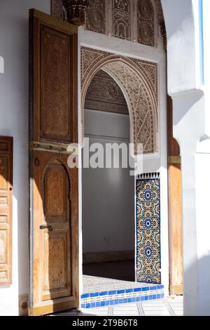 Stunning view of the Bahia Palace during a sunny day. The Bahia Palace in Marrakech is an impressive example of Moroccan architecture and design. Stock Photo