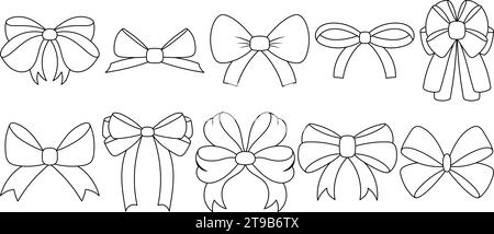 Elegant Doodle Ribbon Bows in Simple Black and White Hand Drawn Flat Style. Perfect for Delicate Decorations. Big Set of Bowties for Various Occasions Stock Vector