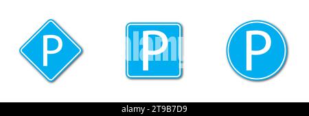 Blue parking icons with shadows. Flat vector illustration. Stock Vector