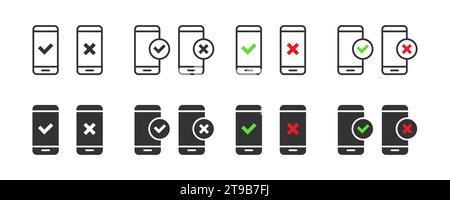 Smartphone icon set with check mark and cross symbols. Vector illustration Stock Vector
