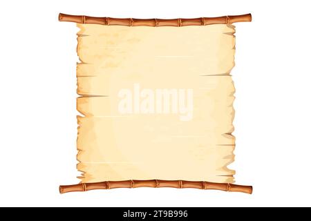 Bamboo frame with old parchment paper decorated with rope in cartoon style isolated on white background. Game ui board, sign. Vector illustration Stock Vector