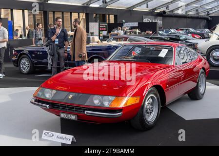 Paris, France - RM Sotheby's Paris 2020. Focus on a Rosso Bordeaux 1970 Ferrari 365 GTB 4 Daytona Berlinetta by Scaglietti. Chassis no. 12841. Stock Photo