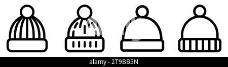 Winter Hat icon. Set of black linear winter beanie hat icons on a white background. Vector illustration Stock Vector