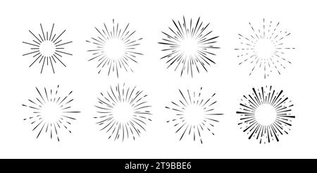 Set Fireworks, rays, sunburst frames circle border decoration, sparkle in doodle style, line sketch explosion isolated on white background. Vector illustration Stock Vector