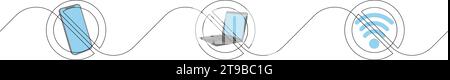 Crossed out smartphone, laptop and wi-fi by continuous line. Ban of devices or device free zone. Information or digital detox web banner concept. No o Stock Vector