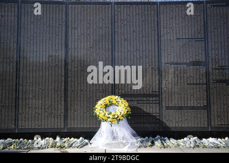 (231124) -- SHENYANG, Nov. 24, 2023 (Xinhua) -- This photo taken on Nov. 24, 2023 shows the memorial wall of Chinese People's Volunteers (CPV) martyrs at the CPV martyrs' cemetery in Shenyang, northeast China's Liaoning Province. The remains of 25 CPV soldiers killed in the War to Resist U.S. Aggression and Aid Korea (1950-1953) were buried Friday in a cemetery in Shenyang.The remains of the fallen soldiers were returned to China from the Republic of Korea on Thursday. It was the 10th such repatriation since 2014, following a handover agreement signed between the two countries. This year marks Stock Photo