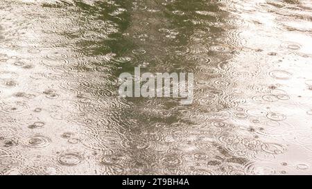 Lake with raindrops on the surface, view from above. Shadow from nature in reflection. Ripples, circles on the background butterfly effect. Stock Photo