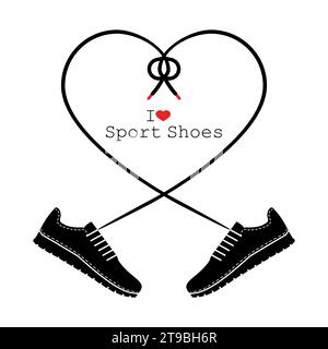 A pair of sneakers and a heart shaped shoelaces. A pair of gym shoes with long laces. I love sport shoes. Isolated vector illustration. Stock Vector