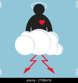 Silhouette of God in the sky, on a cloud with lightning and a red heart. Thundercloud with lightning. Vector illustration. Stock Vector