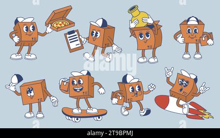 Cartoon express delivery box mascot. Rocket fast parcel delivery, happy courier character isolated vector illustration set Stock Vector