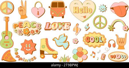 Retro hippie emblem templates. Cute funky hipster stickers, 90s peace and rainbow love signs vector illustration set Stock Vector