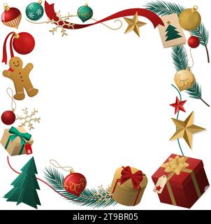 Holiday Christmas card with frame composed of ornaments and gifts ...