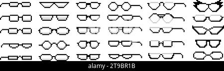 Pixel art transparent glasses. Nerd eyeglasses pixelated icons, glasses rim styles and shapes vector set Stock Vector