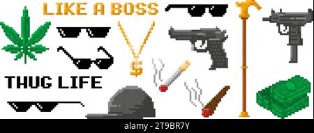 Pixel art gangsta rap accessories. Hip hop rapper pixelated sunglasses, cool gold chain, cigarette and black cap. Thug life vector icons Stock Vector