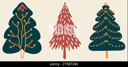 Set of hand drawn Christmas tree in flat style isolated on background. Cute cartoon icons, stickers. Winter holiday design elements. Vector Stock Vector