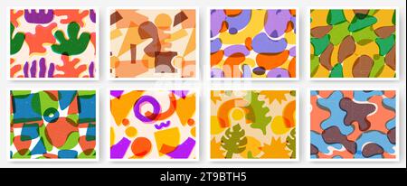 Abstract risograph shapes seamless pattern. Geometric shape overlays with offset print overlay and grunge texture, doodle graph collage vector set Stock Vector