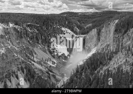 Lower Falls of the Yellowstone River in Black and White Stock Photo