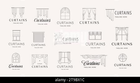 Minimalist curtains emblems. Window drapery and blinds for interior design branding. Line windows vector icon set Stock Vector