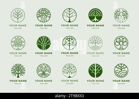 Circle tree of life emblem. Grow plant, circular tree with roots and leaves. Holistic verdant vitality branding label design template vector icons set Stock Vector