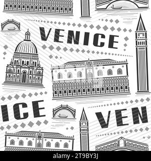 Vector Venice Seamless Pattern, square repeating background with illustration of famous european venice city scape on white background, grey monochrom Stock Vector