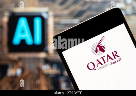 China. 03rd Nov, 2023. In this photo illustration, the state-owned flag carrier airline of Qatar, Qatar Airways logo seen displayed on a smartphone with an Artificial intelligence (AI) chip and symbol in the background. Credit: SOPA Images Limited/Alamy Live News Stock Photo