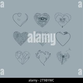 Hearts shape with flower, eye, fingerprint, wave, arrow, stone drawing in graphic style on grey background Stock Vector