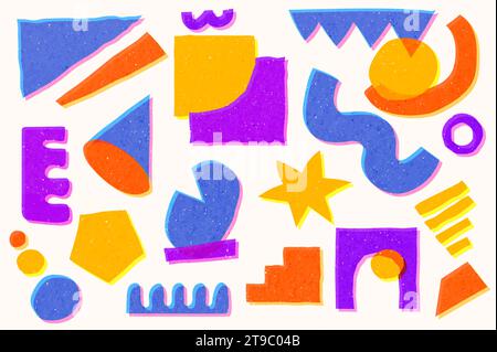 Abstract risograph shapes. Textured geometry bundle, creative random doodle offset print stamp and decorative shapes vector set Stock Vector