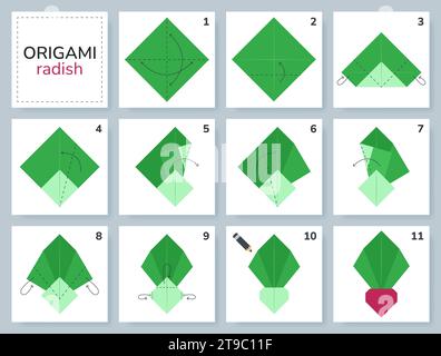 Origami tutorial for kids. Origami cute radish. Stock Vector