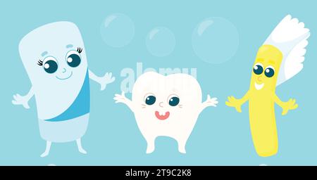 Set of toothpaste, cheerful healthy children's tooth and toothbrush. Character design. Stock Vector