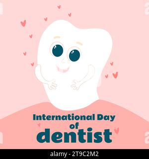 The ample tooth in his mouth smiles and he is happy. Card for International Dentist Day in flat cartoon style. Vertical size and pink tones of the pos Stock Vector