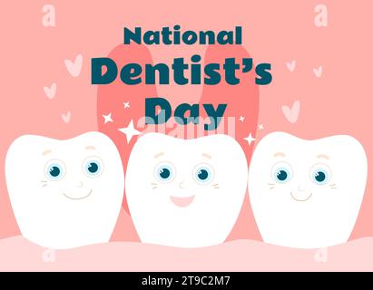 Cute and happy teeth are smiling in the mouth. Postcard National Dentist Day in cartoon flat children's style in gentle pink colors. Stock Vector