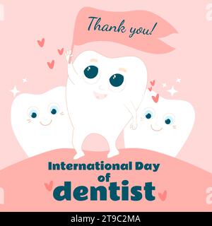 A cute and happy tooth in the mouth on a pink and healthy gum is holding a flag with the words Thank you. National dentist day greeting card. Stock Vector